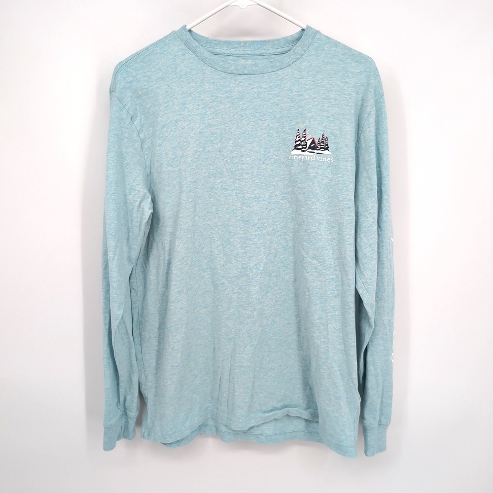 Vineyard Vines Long Sleeve Graphic Tee Blue Winter Mountain Scene Men's Small